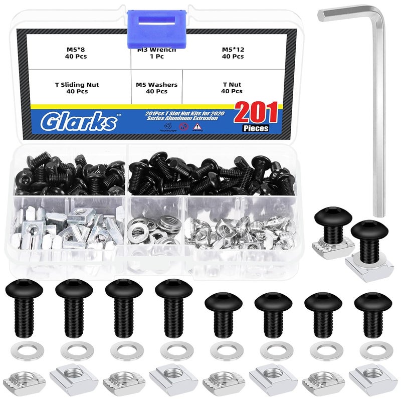 Glarks 201pcs M5 T Slot Nut and Button Head Socket Cap Screw Kit for 2020 Series Aluminum Extrusion, 40pcs 2020 Series T Nut and 40pcs T Sliding Nut, 80pcs Hexagon Socket Screw with 40pcs Flat Washers - Image 1